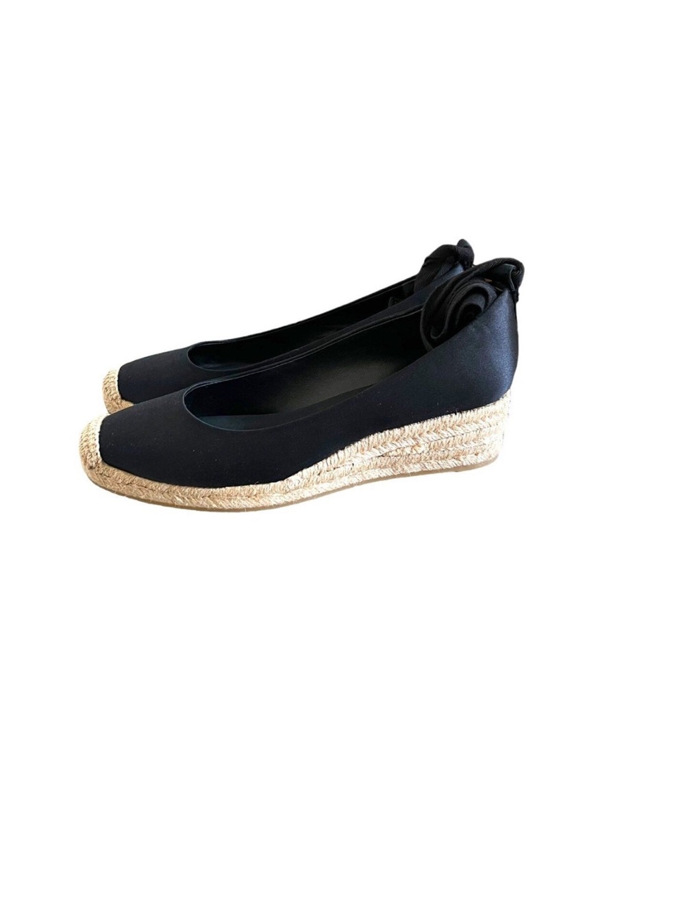 Tory Burch Heather Satin Wedge Espadrille In Black Size 6.5